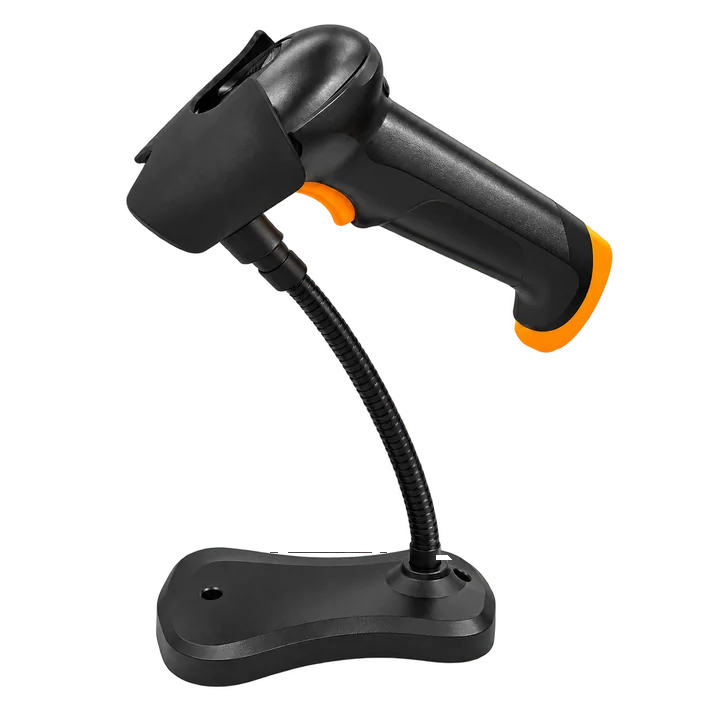 Corded handheld barcode scanner mounted on a stand